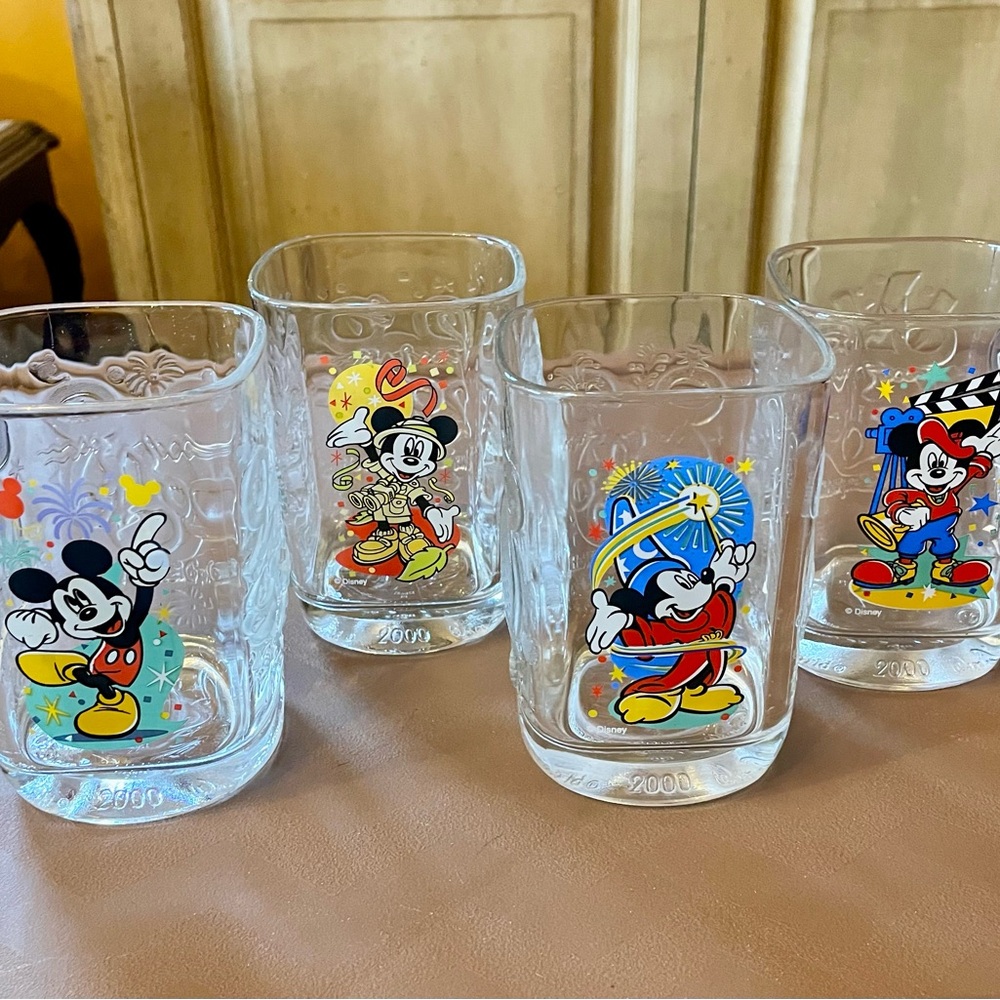 Disney Year 2000 Mickey Mouse Themed Glass Tumblers- Set of 4